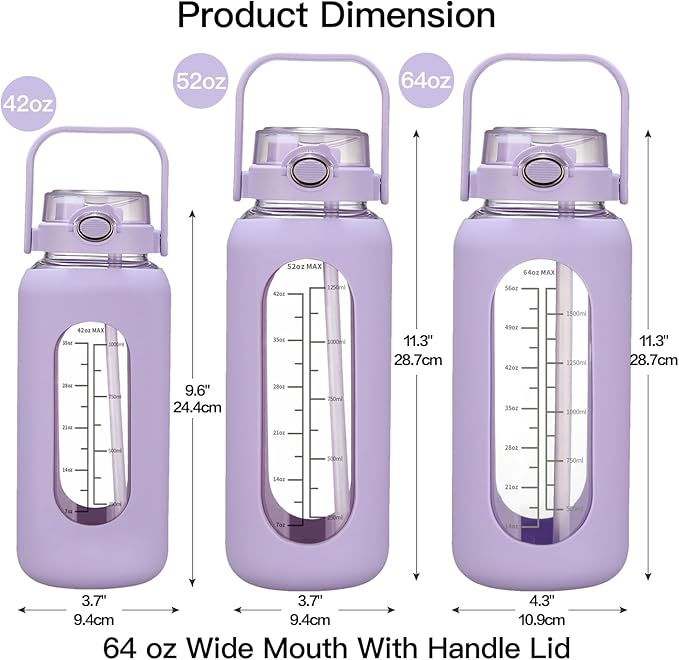 42oz/52oz/64oz Glass Water Bolttles with Straw Half Gallon Large Motivational Water Bottle with Time Marker Sports Water Bottles with Silicone Sleeve and Handle Lid Water Jug for Gym Workout