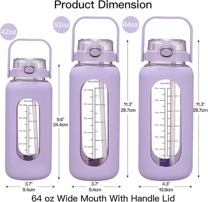 42oz/52oz/64oz Glass Water Bolttles with Straw Half Gallon Large Motivational Water Bottle with Time Marker Sports Water Bottles with Silicone Sleeve and Handle Lid Water Jug for Gym Workout