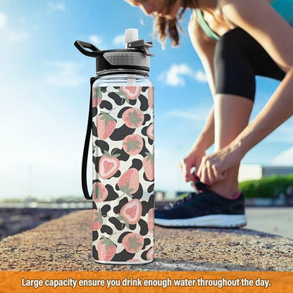 Fustylead Pink Strawberries and Cow Skin 32oz BPA Free Water Bottle, Leak-proof Bottle with Carrying Strap, Clear Sports Bottle for Running Cycling Camping