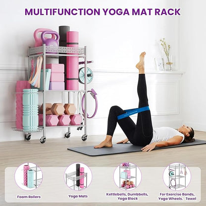 Yoga Mat Storage Rack, Home Gym Storage Rack, VOPEAK Workout Storage for Yoga Mat, Foam Roller, Gym Organizer Gym Equipment Storage for Home Exercise and Fitness Gear