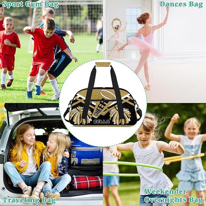 Personalized Gym Bag Cheer Bag Kids Girls, Custom Name Weekender Gymnastics Cheerleading Training Bag for Women Traveling Business Trip, Yellow Gold Glitter Black
