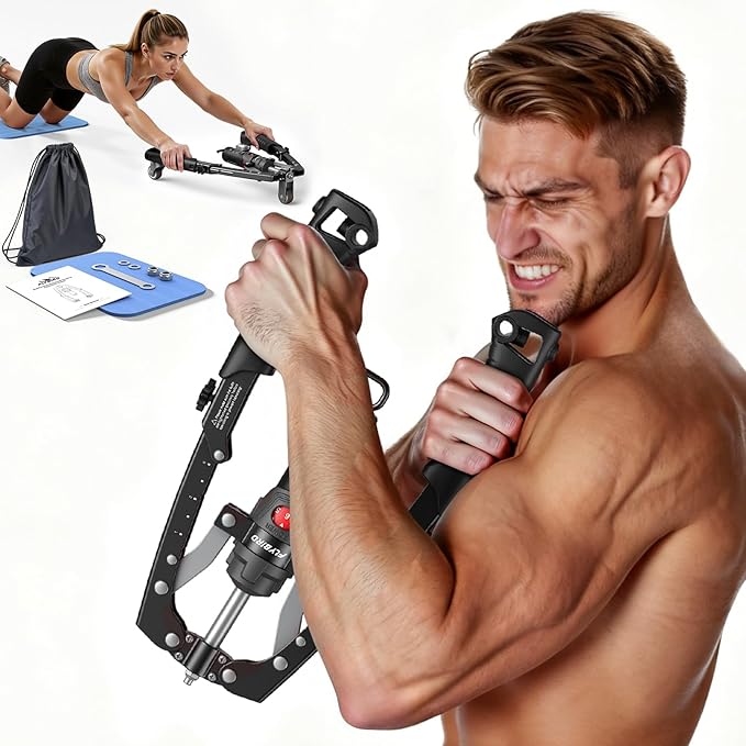 FLYBIRD Chest & Arm Twister & Core Trainer, Hydraulic Power CoreFlex Twister Chest Workout Equipment, 22-440lbs for Strength Trainer, 3-in-1 Chest Trainer with Ab Roller Wheel(Backpack &Pad Included)