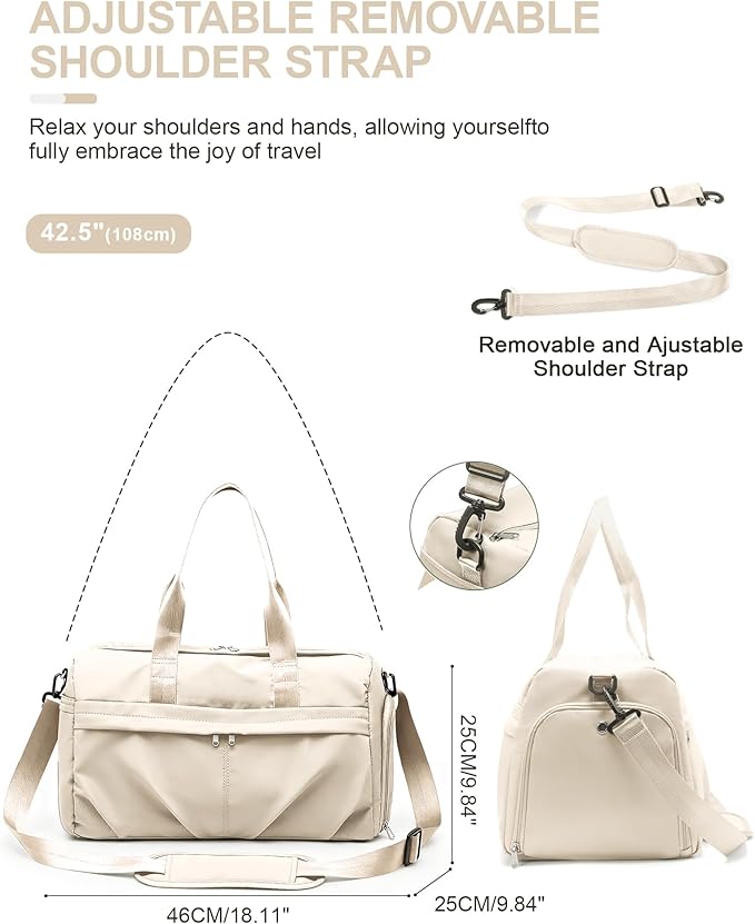 Gym Bag for Women Men with Shoe Compartment, Sport Duffel Bag, Waterproof Travel Weekender Overnight Carry on Bag for Yoga with Trolley Sleeve, Beige