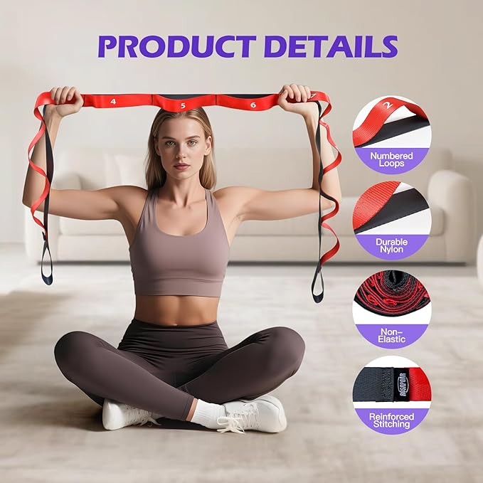 Non Elastic Stretching Strap with Loops - Yoga Straps for Physical Therapy, Durable Stretch Bands for Exercise, Flexibility Training, Hamstring & Leg Stretcher, Yoga/Pilates/Gymnastics
