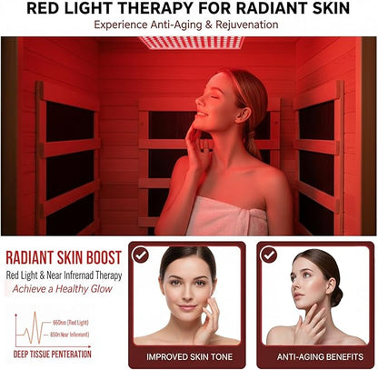 Homsido Red Light Therapy Infrared Sauna for Home – 1300W 110V 1-Person Indoor Wood Sauna w/Carbon Crystal Heaters, Red Light Lamp, Post-Workout Recovery & Spa Relaxation, Gift for Women Men