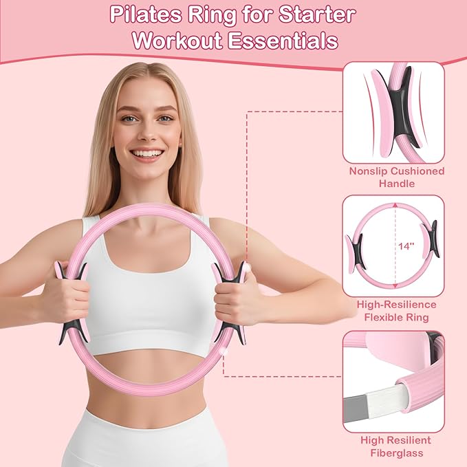 Hoedia 17 PCS Pilates Kit for Women, Pilates Equipment Ring and Ball Set with Resistance Bands, Yoga Strap, Core Sliders, Socks, Bag & Guide for Starter Home Workout Fitness Gym Essentials