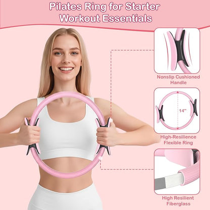 Hoedia 17 PCS Pilates Kit for Women, Pilates Equipment Ring and Ball Set with Resistance Bands, Yoga Strap, Core Sliders, Socks, Bag & Guide for Starter Home Workout Fitness Gym Essentials