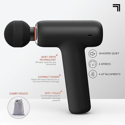 Sharper Image PowerBoost Core Mini Massage Gun| Portable Deep Tissue Percussion Massager with 6 Speeds| 4 Attachments| Quiet Motor| Cordless Muscle Recovery Tool with Carry Pouch