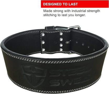 Steel Sweat Powerlifting Belt for Weight Lifting - 4" Wide by 10mm Thick - Single Prong Heavy Duty Adjustable Weightlifting Belt, High Grade Leather - BOLT Black Large