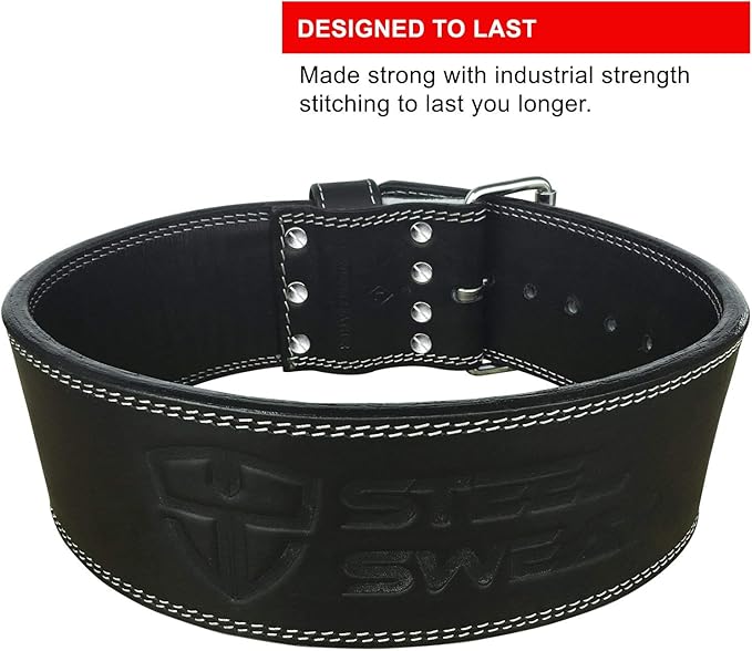 Steel Sweat Powerlifting Belt for Weight Lifting - 4" Wide by 10mm Thick - Single Prong Heavy Duty Adjustable Weightlifting Belt, High Grade Leather - BOLT Black XXL