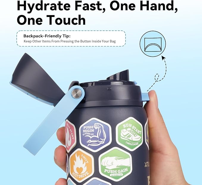 32 oz Motivational Insulated Stainless Steel Water Bottle for Sports, Gym & Travel, 2-in-1 Push-Button Spout & Quick-Flip Straw, Leak-Proof BPA-Free, Keeps Cold 30H, with DIY Fitness Stickers