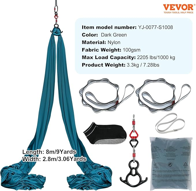 VEVOR Aerial Silk & Yoga Swing, Aerial Yoga Hammock Kit with 100gsm Nylon Fabric, Full Rigging Hardware & Easy Set-up Guide, Antigravity Flying for All Levels Fitness Bodybuilding