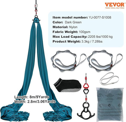 VEVOR Aerial Silk & Yoga Swing, Aerial Yoga Hammock Kit with 100gsm Nylon Fabric, Full Rigging Hardware & Easy Set-up Guide, Antigravity Flying for All Levels Fitness Bodybuilding