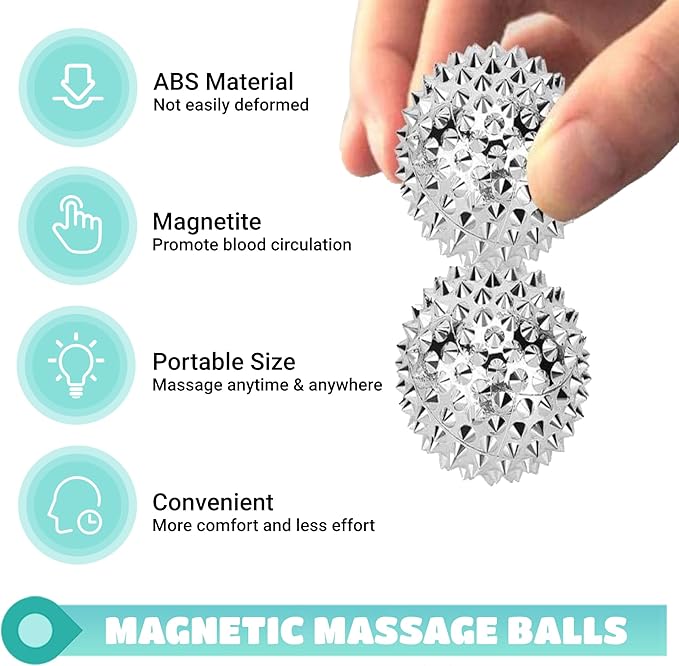 Magnetic Balls, Silver Massage Balls - 1 Pair, Adults & Kids Relief for Pain & Stress, Spiky & Acupuncture Massage for Hands