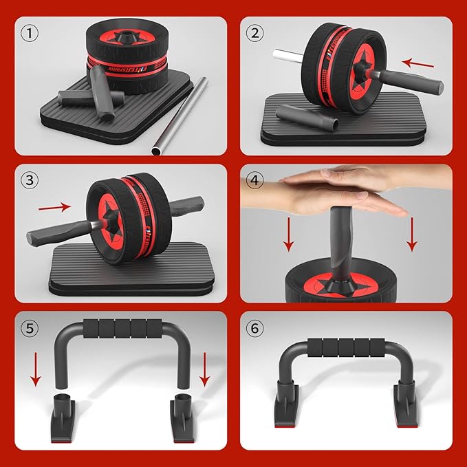 Ab Rollers Wheel Kit, Exercise Wheel Core Strength Training Abdominal Roller Set with Push Up Bars, Resistance Bands, Knee Mat Home Gym Fitness Equipment for Abs Workout