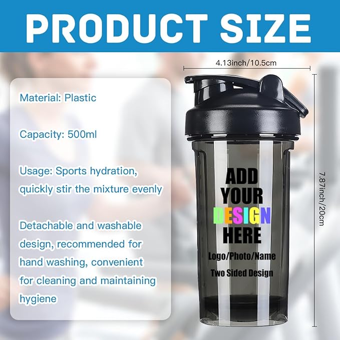 Custom Shaker Bottles 18 Oz for Men Women, Personalized Shaker Bottle with Handle Add Your Own Name Logo Picture - Easy Clean Sports Water Cups, Black