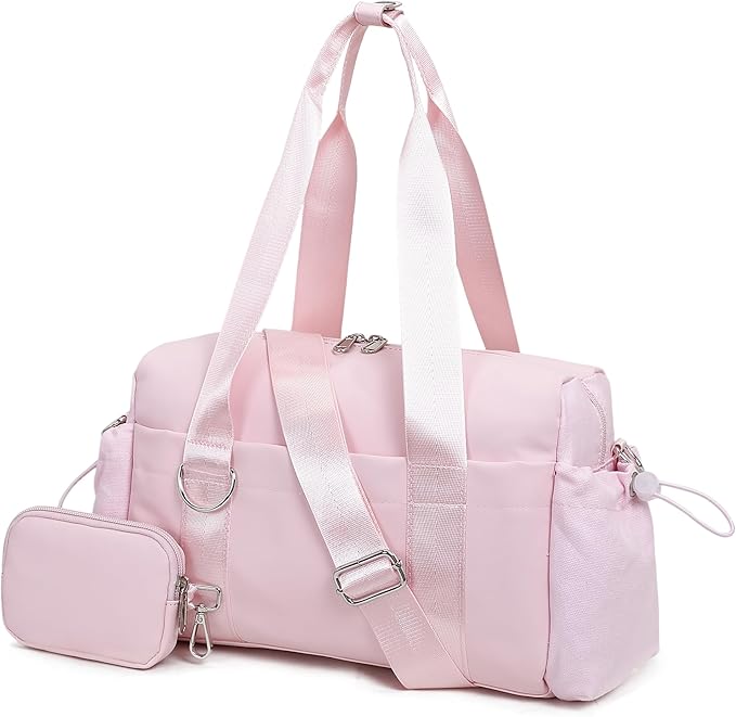 Everyday Mini Gym Bag for Women 2.0, Small Tote with Zipper Compartment Waterproof Travel Duffle Cute Handbag Workout Carry On with Removeable Shoulder Strap & Coin Wallet Easy to Clean - Pink