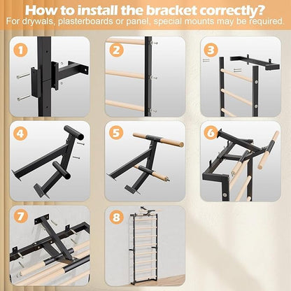 Swedish Ladder, Wood Stall Bars Suspension Trainer with Pull-Up Bar & Rings for Straps, Swedish ladders Wall Gym Adult, Wall-Mounted Workout Ladder for Home, Gym, School and Clinics