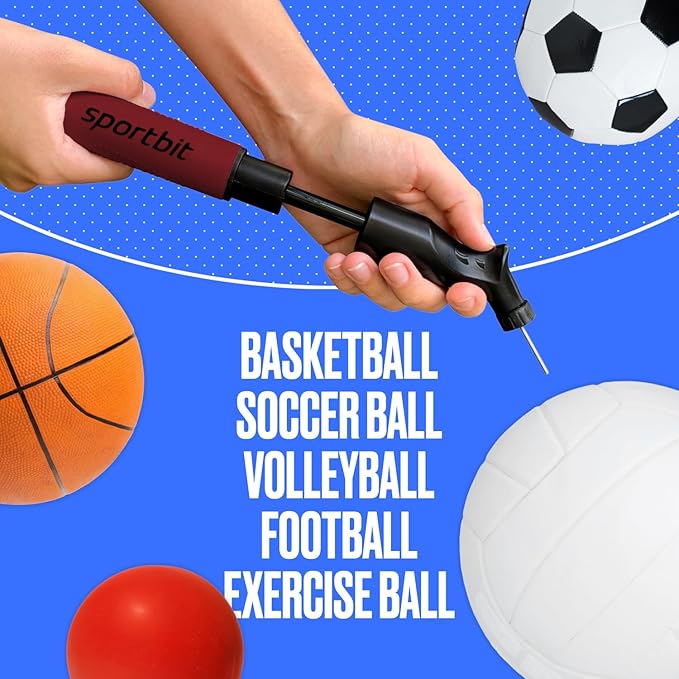 SPORTBIT Ball Pump for Sports Balls - Push & Pull Inflating System - Hand Pump for All Exercise Balls - Volleyball Pump, Basketball Inflator, Football & Soccer Ball Air Pump - Goes with 5 Needles Set
