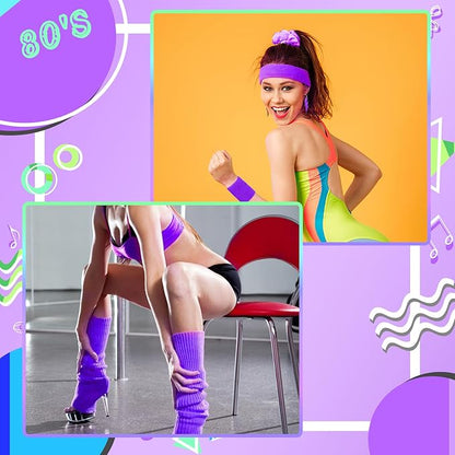 80s Neon Workout Costume Accessories Set 10 PCS Leg Warmers for Women 80s Headband Wristband Fanny Pack for Yoga Running
