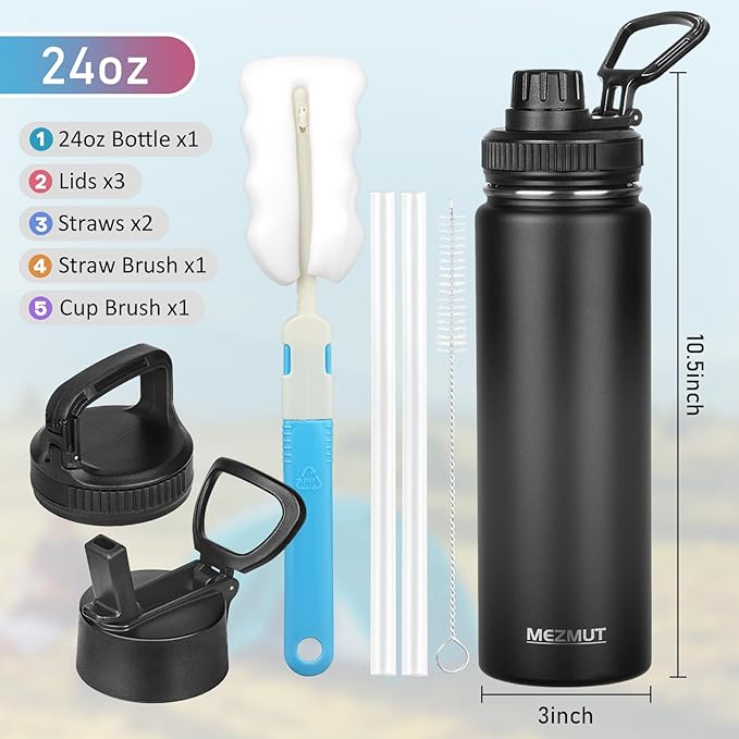 MEZMUT Insulated Water Bottle 24oz Stainless Steel Water Bottles with Straw&2 Lids Sports Metal Water Bottle Cup Double Walled Vacuum Insulated Bottles Leak-Proof Travel(Black)