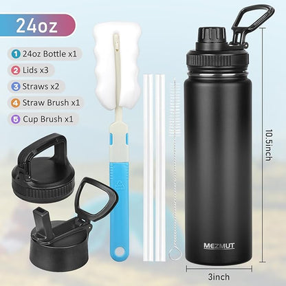 MEZMUT Insulated Water Bottle 24oz Stainless Steel Water Bottles with Straw&2 Lids Sports Metal Water Bottle Cup Double Walled Vacuum Insulated Bottles Leak-Proof Travel(Black)