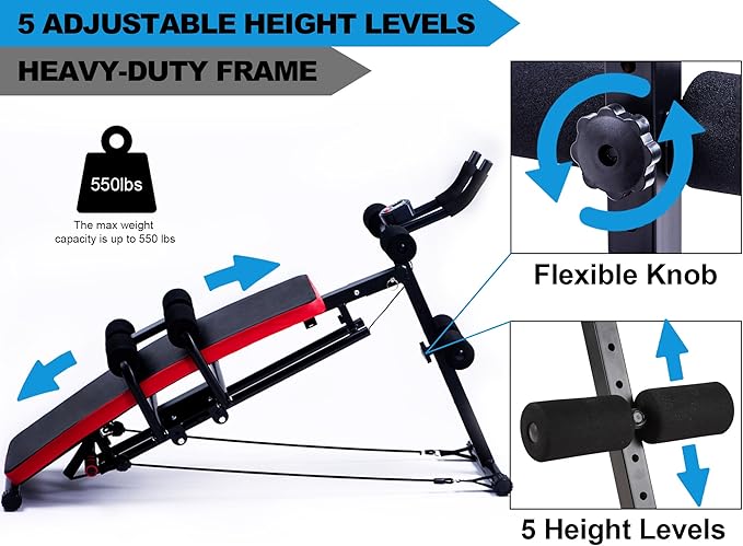 KESHWELL Ab Machine,Ab Workout Equipment For Home,Sit Up Push Up Workout Bench,Fitness Strength Training Equipment,Foldable Abdomen Exercise Machine With Resistance Bands,550lbs Capacity