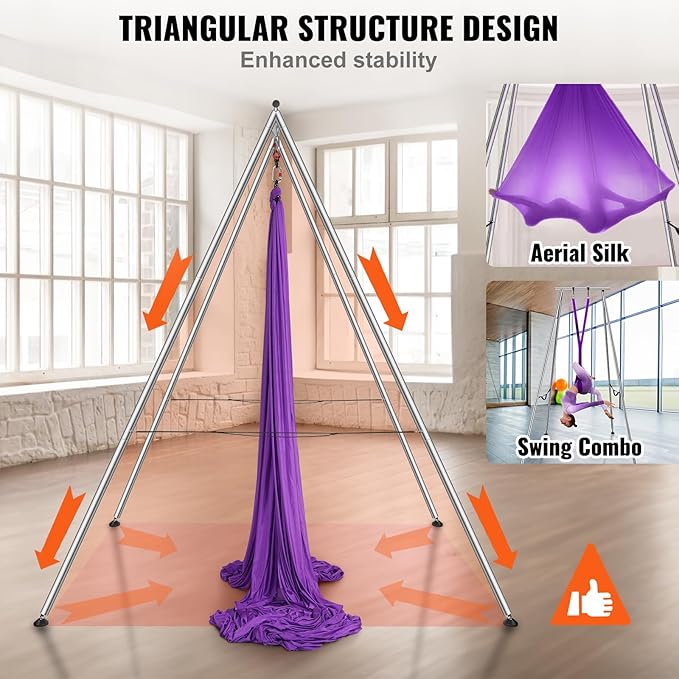 VEVOR Yoga Stand Frame, Max 441-551 lbs Load Swing Stand, Triangular Structure Aerial Rig, Aerial Silk Stands with Yoga Hammock, Standard & Height-Adjustable Version