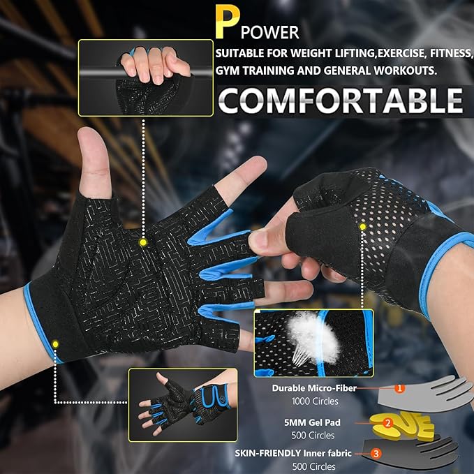 MOREOK Workout Gloves Padded Weight Lifting Gloves for Men/Women, [5MM Gel] Fingerless Grip Gym Gloves Fitness Gloves for Exercise, Weightlifting, Cycling, Pull ups, Rowing, and Climbing