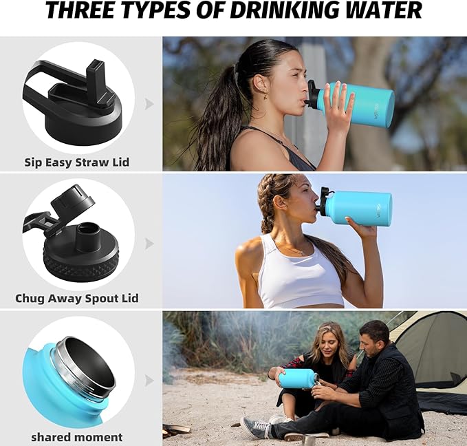 64oz Insulated Water Bottle (Cold for 48 Hrs),BPA Free&Leak Proof,Half Gallon Stainless Steel Water Flask,Water Jug with Straw Spout Lids for Gym,Hiking,Camping,Sky Blue