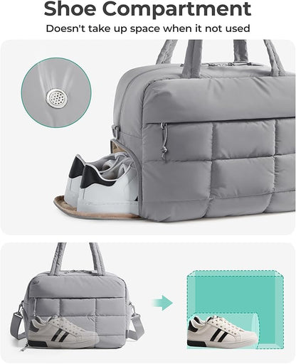 BAGSMART Gym Bag for Women, Carry on Travel Duffel Bag, Water-resistant Weekender with Shoe Compartment for Gym Travel Work, Grey, Medium