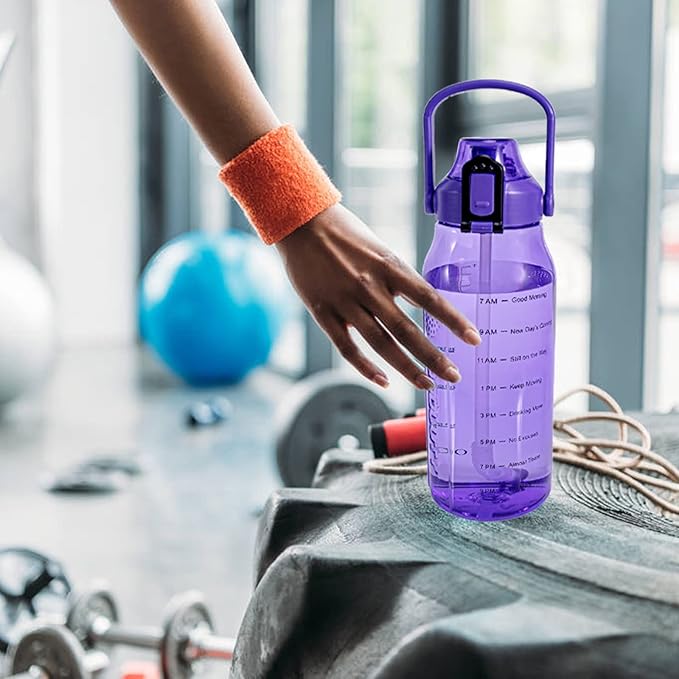 Motivational Half Gallon/64oz Water Bottle with Straw & Time Marker& Handle, Leak-Proof Tritan Water Jug for Fitness,Outdoor, Sport (Purple)