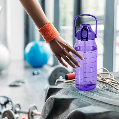 Motivational Half Gallon/64oz Water Bottle with Straw & Time Marker& Handle, Leak-Proof Tritan Water Jug for Fitness,Outdoor, Sport (Purple)