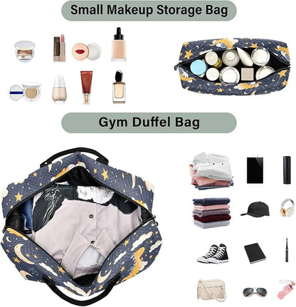 Weekender Bags Travel Duffel Gym Bag Dinosaur Stars Moon Carry on Overnight Tote Bag with Toiletry Bag for Airplane Travel Trip Gym Yoga