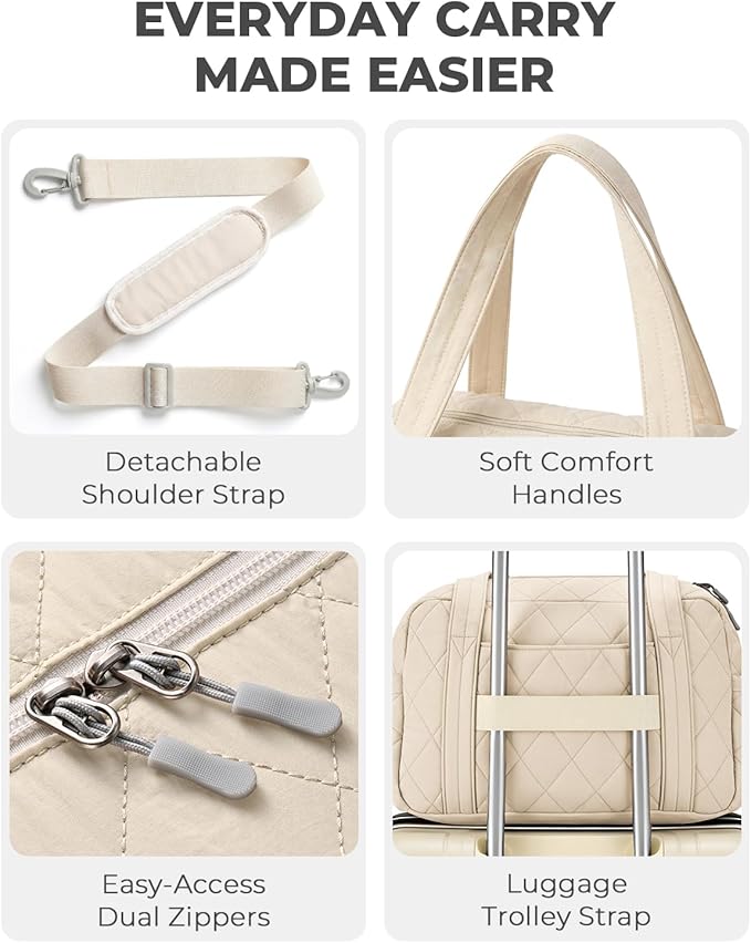 Percover Women Gym Bag with Toiletry Organizer Pouch, Quilted Workout Duffle with Compartments for Daily Fitness & Yoga, Locker-Friendly Soft Carry, Ivory Beige
