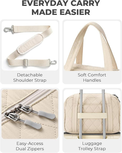 Percover Women Gym Bag with Toiletry Organizer Pouch, Quilted Workout Duffle with Compartments for Daily Fitness & Yoga, Locker-Friendly Soft Carry, Ivory Beige