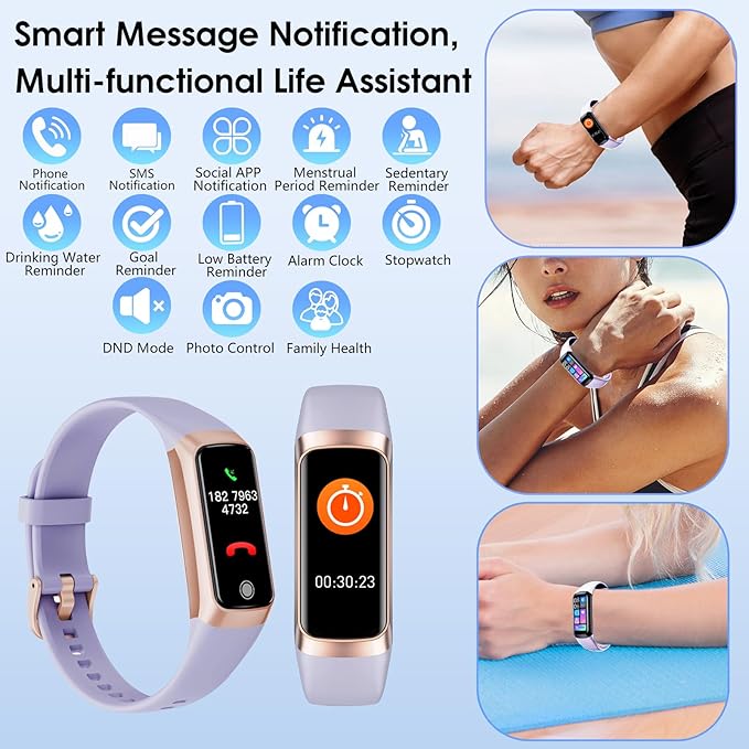 Fitness Tracker, 24/7 Heart Rate Blood Oxygen Blood Pressure Body Temp Monitor Sleep Calorie Tracker with 1.1" AMOLED Touch Color Screen Pedometer Smart Watch Waterproof for Women Men (Purple)