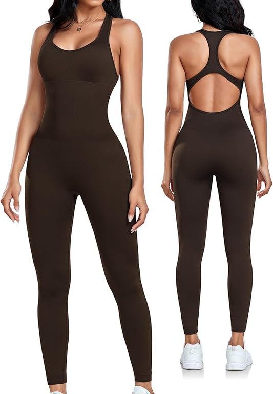 OLCHEE Womens Workout Jumpsuits Seamless Yoga Gym Bodycon Rompers Sexy Racerback Tummy Control Padded Bra Unitard