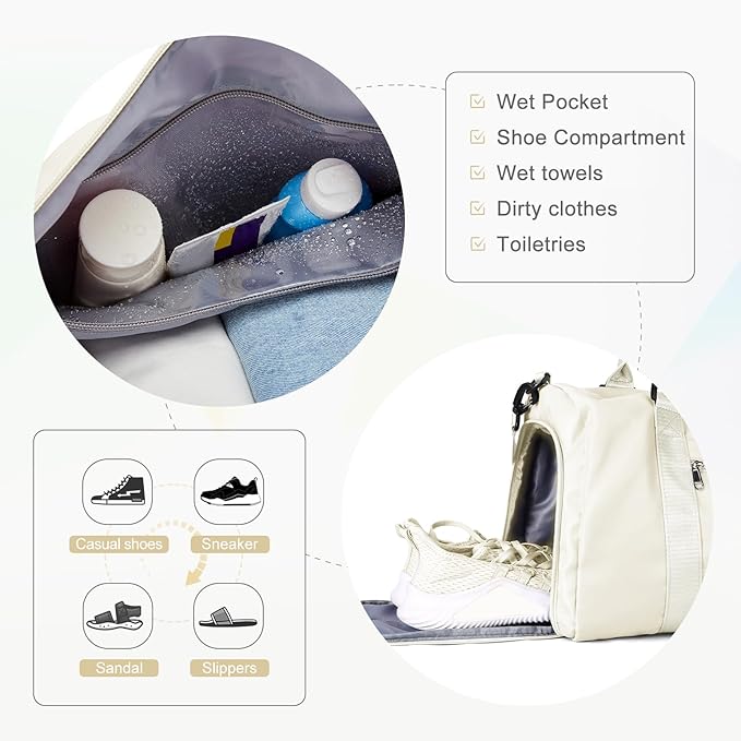 Gym Bag for Women Men with Shoes Compartment and Wet Pocket,Sport Swimming Yoga Bag,Waterproof Travel Duffel Bag Small Carry on Bag Overnight Weekender Bags Personal Item Bag for Airlines Cream White