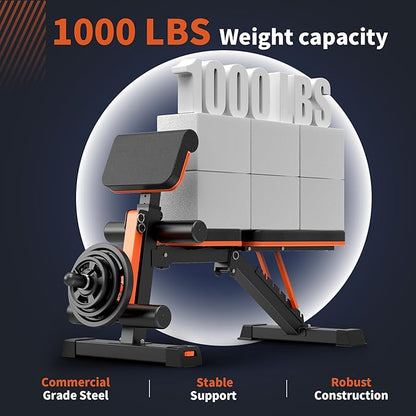 Adjustable Weight Bench - 1000LBS Capacity Heavy Duty Foldable Workout Bench for Full Body Exercise, Flat/Incline/Decline, Bench Press for Home Gym with Preacher Pad & Leg Extension