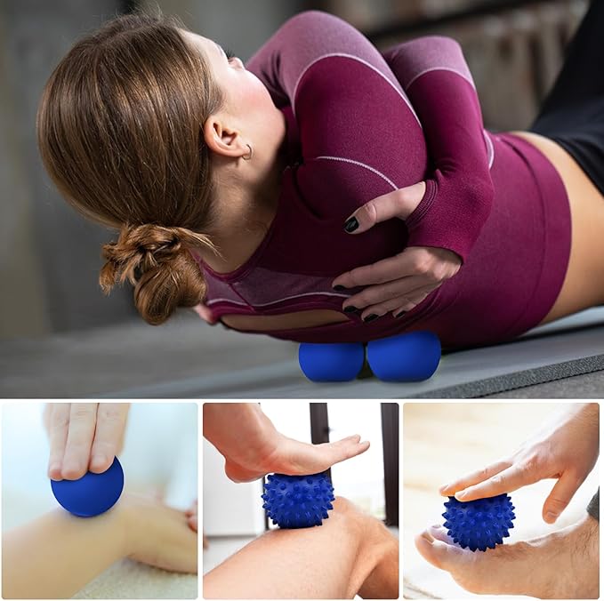 Physical Massage Therapy Ball Set: Lacrosse & Spiky Ball Set for Stress Relief, Muscle Therapy, Myofascial Release, Portable Pain Relief Tool for Gym Office Home Use (Blue-Blue)
