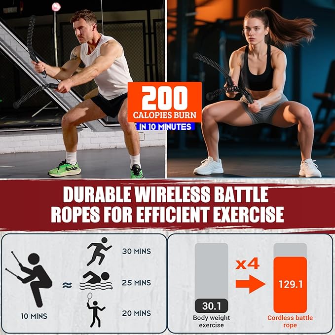 Weighted Ropeless Battle Ropes, Heavy Duty Portable Cordless Battle Ropes for Home Gym with Poster, Workout Exercise Rope for Strength Building, HIIT and Low-Impact Aerobic Training for Men & Women