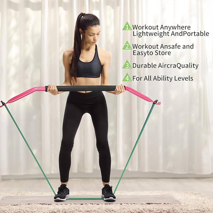 Bow Portable Home Gym with 4 Resistance Bands Fitness Equipment, Abdominal, Bicep Curls, Arms, Leg Muscle Training Kit, Travel, Outdoor, Full Body Workouts for Yoga Pilates Sliming