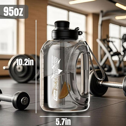 Large Water Bottle with Measurements, 95 OZ/ 2.8 L Gym Water Bottle with Straw, Gallon Water Jug Bottle with Handle & Portable Strap for Gym, Outdoor Sports