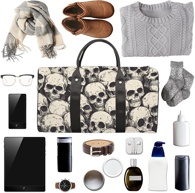 Travel Duffel Bag Gothic Vintage Skull Waterproof Sport Gym Bag Foldable Travel Bag Overnight Bag Weekender Bag Handbag Sports Duffle Bags for Girls Women Men Boys