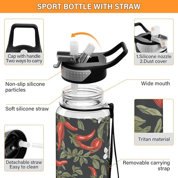ALAZA Pepper Chili Leaves Flower Floral Sports Water Bottle with Straw Tritan Drink Bottle 32 oz BPA Free Reusable for Travel Outdoor Fitness