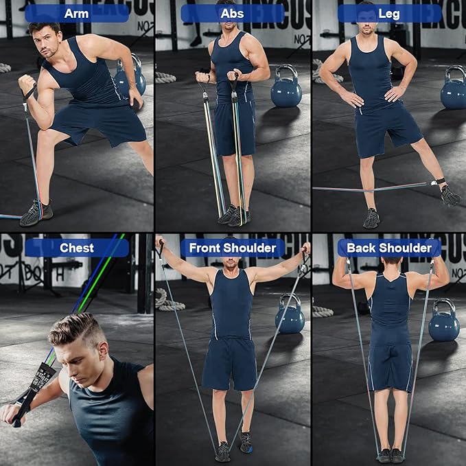 Resistance Bands Set (12pcs), Workout Bands with Handles, Door Anchor, Ankle Straps and Carry Bag, Exercise Bands for Shape Body and Home Workouts