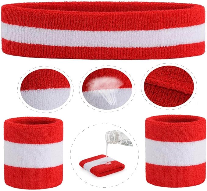 ONUPGO Sweatband Set Sports Headband Wristband Set Sweatbands Terry Cloth Wristband Wrist Sweatband Headbands Moisture Wicking Sweat Absorbing Head Band