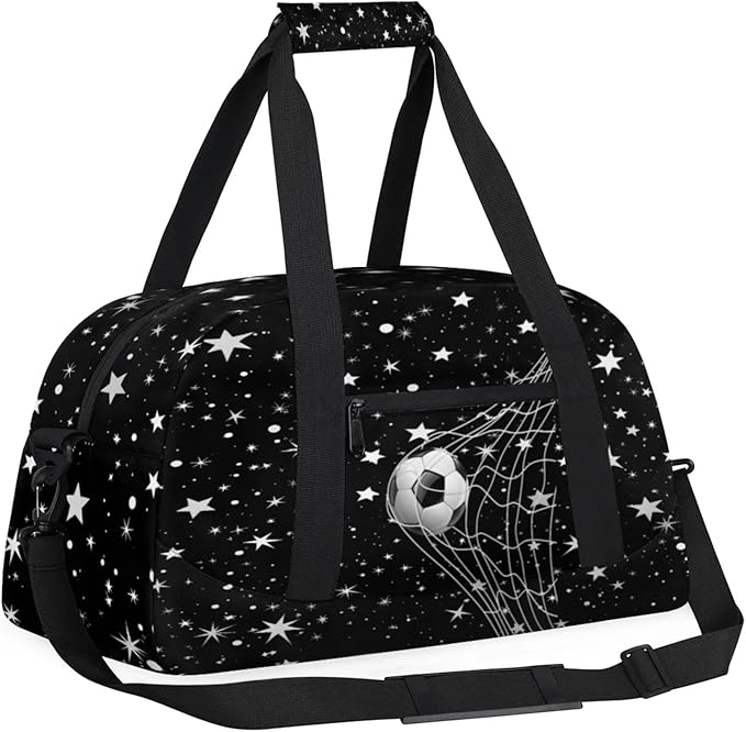 Soccer Sports Duffel Bag, Weekender Gymnastics Training Bag for Men Traveling Business Trip, Soccer Goal Stars Pattern Black