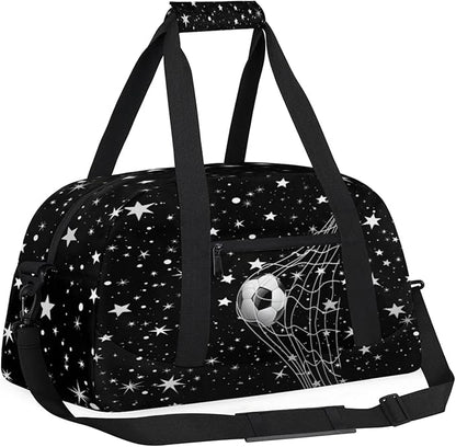 Soccer Sports Duffel Bag, Weekender Gymnastics Training Bag for Men Traveling Business Trip, Soccer Goal Stars Pattern Black